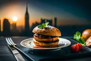 a hamburger with a strawberry on a plate with a city in the background. AI-Generated photo