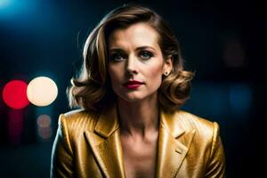 a woman in a gold jacket and red lipstick. AI-Generated photo