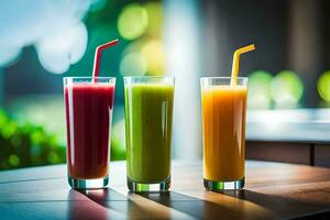 three glasses of juice on a table. AI-Generated photo