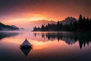 un barco es flotante en el medio de un lago a puesta de sol. generado por ai foto