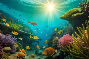 the sun shines over a coral reef with fish and other marine life. AI-Generated photo