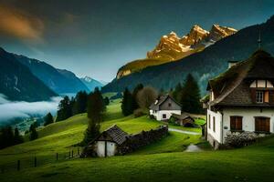 photo wallpaper the sky, mountains, house, the village, the mountains, the village, the. AI-Generated