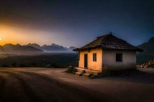 a small hut sits in the middle of a field at sunset. AI-Generated photo