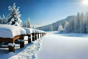 snow covered wooden benches in the snow. AI-Generated photo