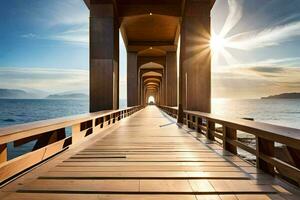 a long wooden bridge over the ocean with the sun shining. AI-Generated photo