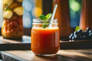 a glass of juice with a straw sitting on a table. AI-Generated photo