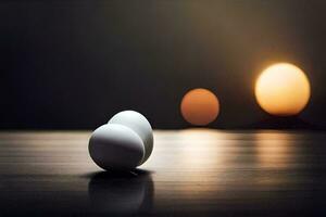 two eggs are sitting on a table in front of a light. AI-Generated photo