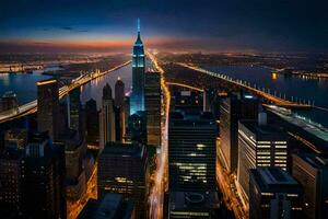 the city skyline at night with the empire state building in the foreground. AI-Generated photo