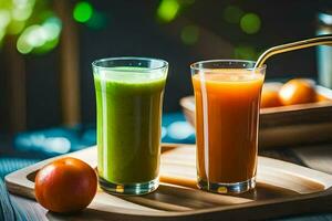 two glasses of juice on a wooden tray. AI-Generated photo