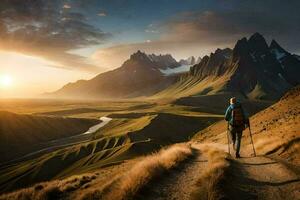 un hombre camina en un camino en el montañas. generado por ai foto