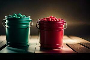 two buckets of red and green candy on a wooden table. AI-Generated photo