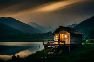 photo wallpaper the sky, mountains, lake, house, the house, the lake, the house. AI-Generated