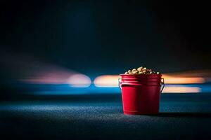 a red bucket filled with peanuts on a dark road. AI-Generated photo