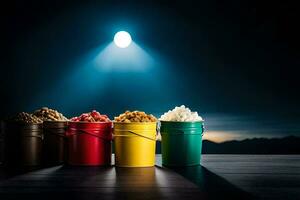 four buckets of popcorn on a table with a light shining in the background. AI-Generated photo