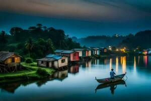 a man in a boat on the river at night. AI-Generated photo