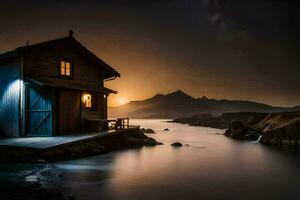 a small cabin sits on the shore of a lake at night. AI-Generated photo