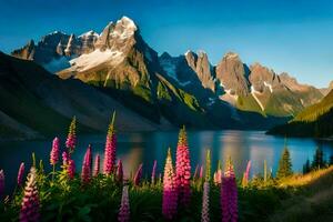 the mountains are covered with snow and the lake is surrounded by purple flowers. AI-Generated photo