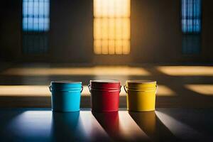 three buckets of paint on a table in front of a window. AI-Generated photo