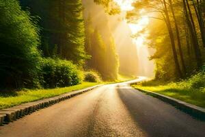 un la carretera en el bosque con Dom brillante mediante el arboles generado por ai foto