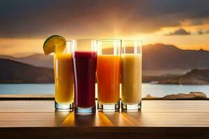 four glasses of juice on a table with a sunset in the background. AI-Generated photo