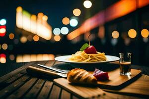 un plato de pasta y un vaso de vino en un de madera mesa en un restaurante. generado por ai foto