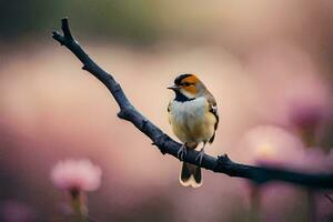 a bird sits on a branch in front of a pink flower. AI-Generated photo