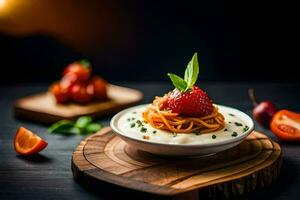a plate of pasta with a strawberry and a slice of tomato. AI-Generated photo