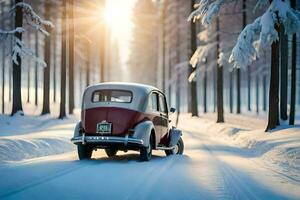 an old car driving down a snowy road. AI-Generated photo