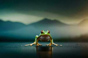a frog is standing on the ground in front of a mountain. AI-Generated photo