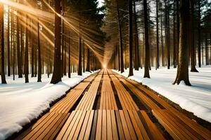 a wooden path in the snow leads to the sun. AI-Generated photo