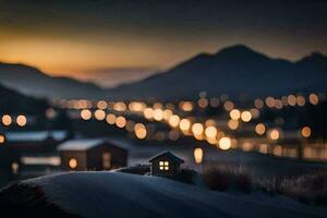 un pequeño casa en el medio de un Nevado campo. generado por ai foto