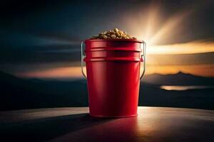 a red bucket filled with nuts on a table. AI-Generated photo