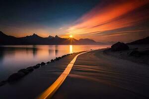 a long exposure photograph of a road on the beach at sunset. AI-Generated photo