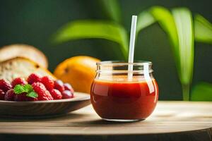 a glass of juice with a straw and a bowl of fresh fruit. AI-Generated photo