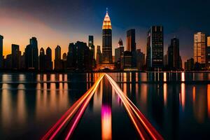 the city skyline at night with lights on the road. AI-Generated photo