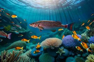 pescado nadando en el Oceano con coral arrecifes y pez. generado por ai foto