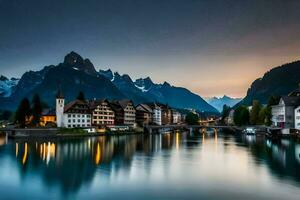 photo wallpaper the sky, mountains, river, switzerland, lake, town, switzerland,. AI-Generated