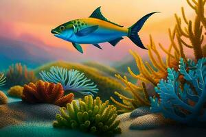 a fish swimming in the ocean with coral reefs. AI-Generated photo