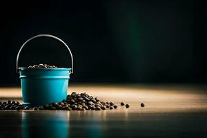 a blue bucket filled with coffee beans on a wooden table. AI-Generated photo