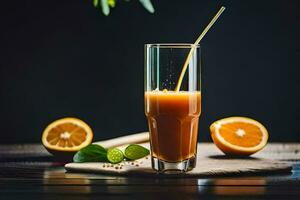 a glass of orange juice with a straw. AI-Generated photo