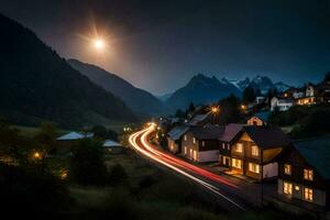 foto fondo de pantalla el cielo, montañas, noche, el luna, el camino, el aldea, el. generado por ai