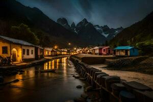 un río carreras mediante un pueblo a noche. generado por ai foto