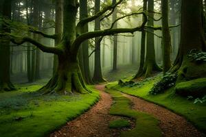 un camino mediante un bosque con arboles y césped. generado por ai foto