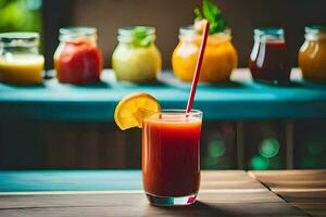 a glass of juice with a straw sitting on a table. AI-Generated photo