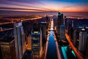 the chicago river is seen from above at sunset. AI-Generated photo