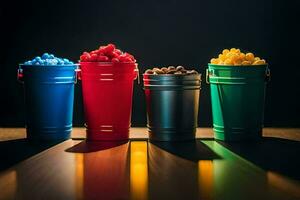 four buckets of popcorn on a table. AI-Generated photo