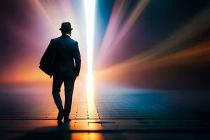 a man in a suit and hat walking through a tunnel. AI-Generated photo