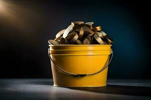 a bucket filled with coins on a dark background. AI-Generated photo