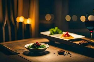 un mesa con comida y vino en él. generado por ai foto