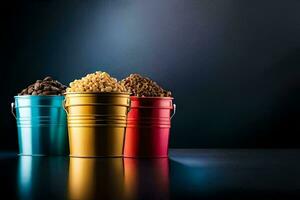 three colorful buckets with different types of food. AI-Generated photo